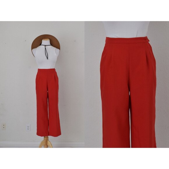 Vintage 80s Red Polyester Pleated Trousers by Pykettes | size 12 - Picture 1 of 10